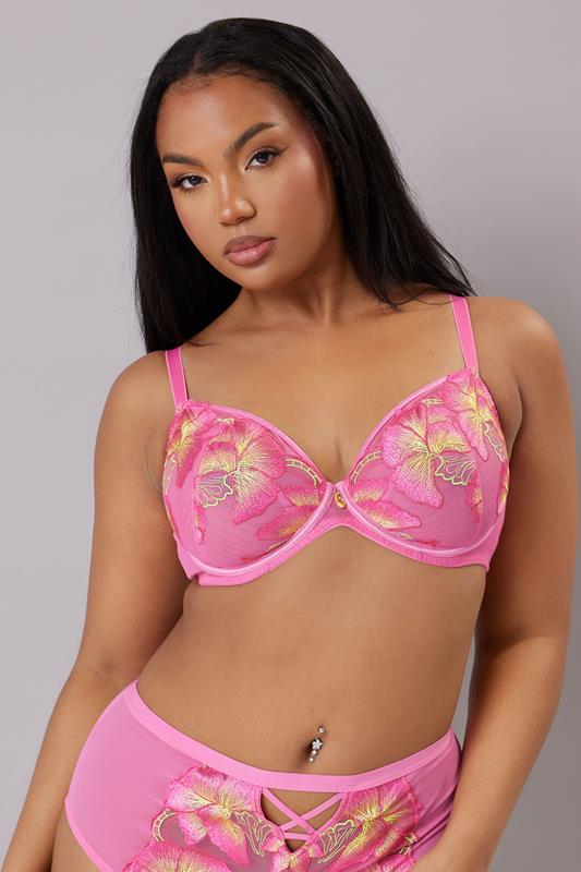 YOURS Plus Size Pink Floral Embroidered Underwired Bra | Yours Clothing 1