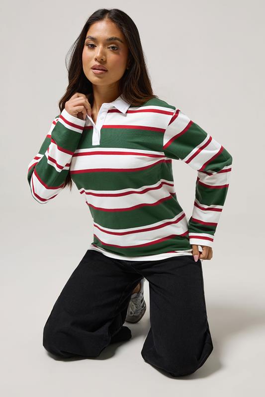 PixieGirl Petite Women's Green & Red Striped Cotton Rugby T-Shirt | PixieGirl 2