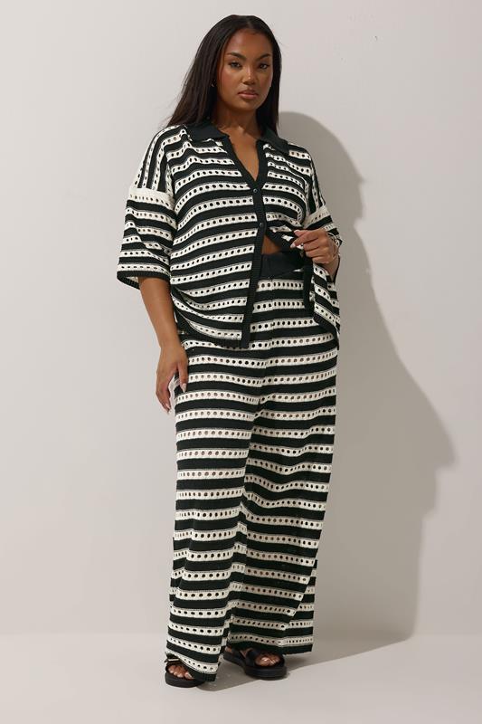 LIMITED COLLECTION Plus Size Black & White Stripe Crochet Wide Leg Trousers | Yours Clothing 1