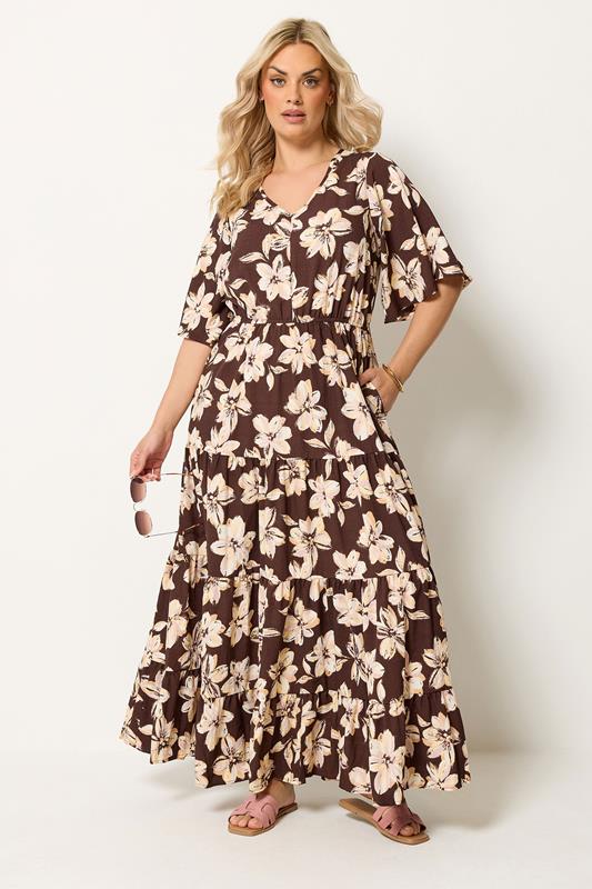 YOURS Curve Brown Floral Tiered Maxi Dress | Yours Clothing 1