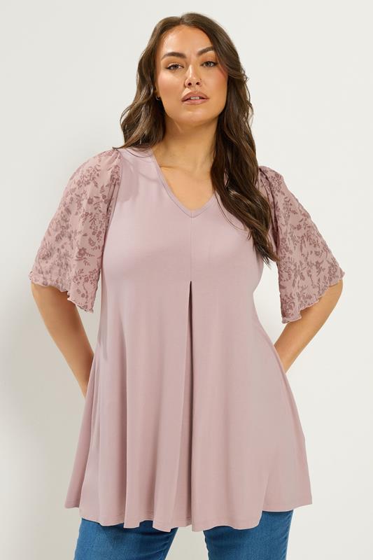 YOURS Curve Pink Pleat Front Floral Sleeve Top