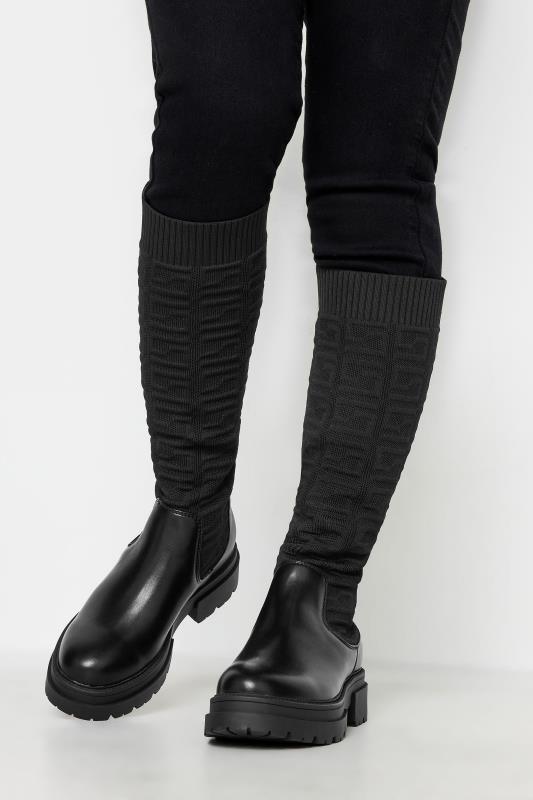 Petite  PixieGirl Black Stretch Chunky Knee Sock Boots In Standard Fit