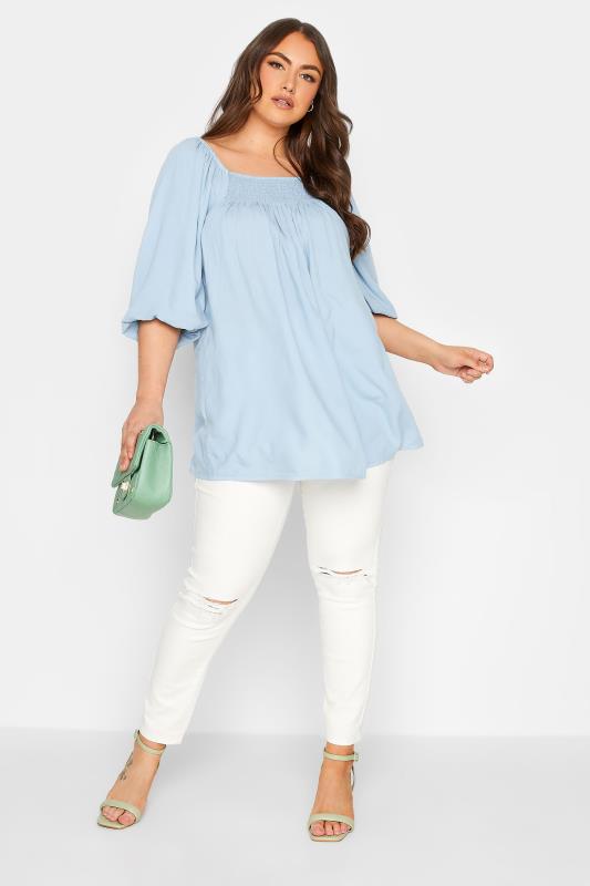 YOURS Plus Size Blue Shirred Neck Top | Yours Clothing 2