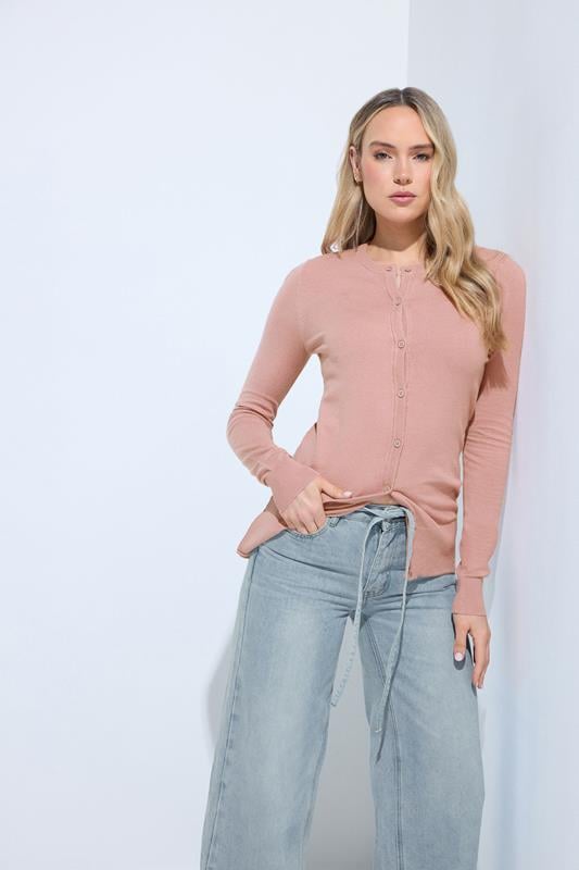 LTS Tall Pink Crew Neck Button Cardigan