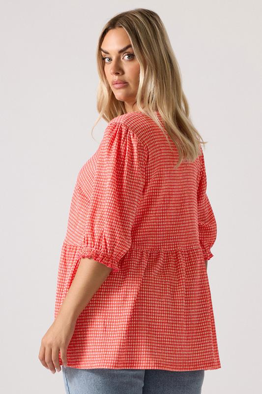 YOURS Plus Size Red Gingham Bow Tie Front Peplum Top | Yours Clothing 2