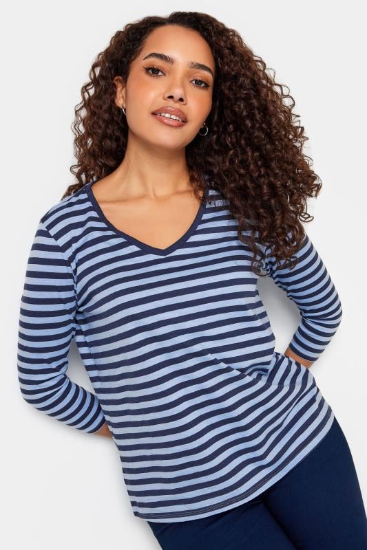 Women's  M&Co Navy & Blue Stripe V-Neck Cotton Long Sleeve T-Shirt