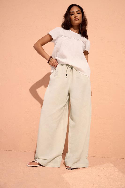 PixieGirl Petite Natural Brown Beaded Linen Wide Leg Trousers