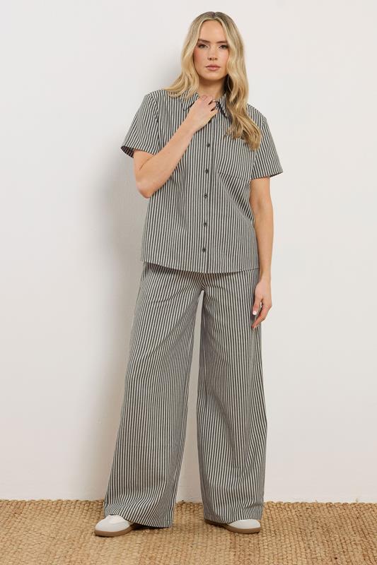  LTS Tall Set Olive Green Stripe Button Cotton Shirt & Trousers