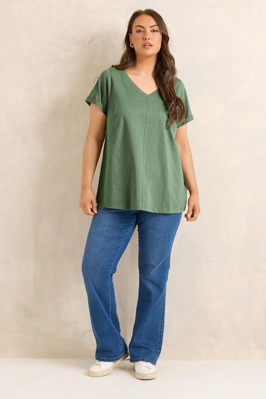 EVANS Plus Size Soft Khaki V-Neck Cotton T-Shirt | Evans 1