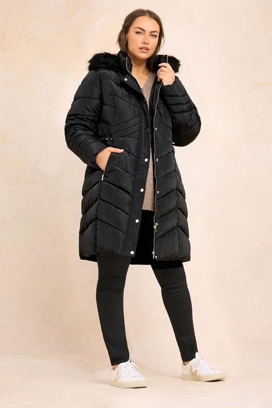 EVANS Curve Black Faux Fur Trim Padded Parka Coat