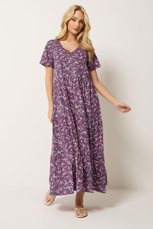 M&Co Berry Purple Ditsy Floral Cotton Tiered Maxi Dress