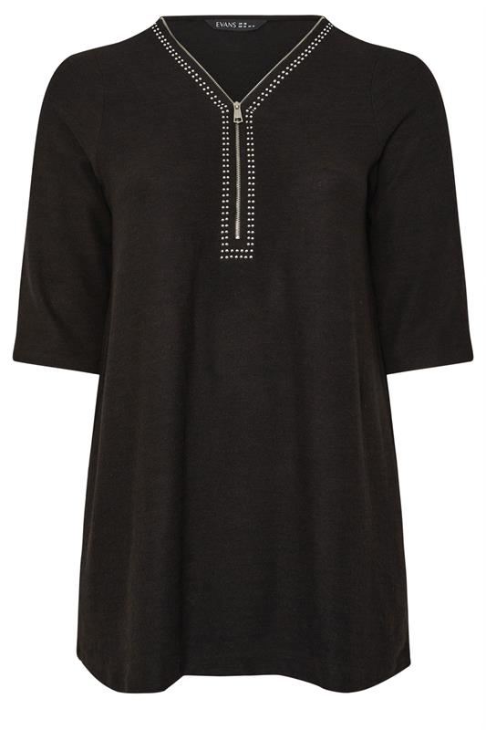 EVANS Plus Size Black Zip Front Stud Detail Top | Evans 5