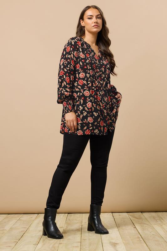 EVANS Plus Size Black & Red Floral Print Pintuck Blouse | Evans 1