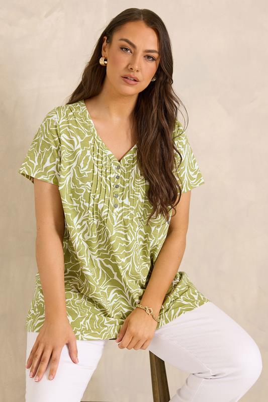 EVANS Curve Green Abstract Print Cotton Henley Top