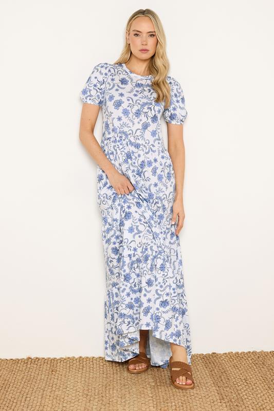 LTS Tall Women's White & Blue Floral Tiered Cotton Maxi Dress | Long Tall Sally 1