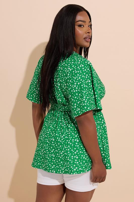 YOURS Plus Size Green Ditsy Floral Print Wrap Top | Yours Clothing 2