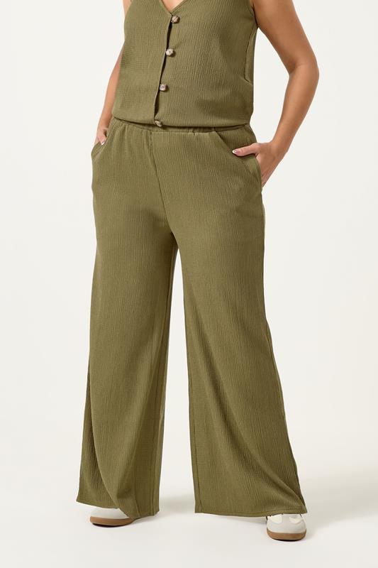 YOURS Plus Size Khaki Green Elasticated Waist Textured Trousers | Yours Clothing 1