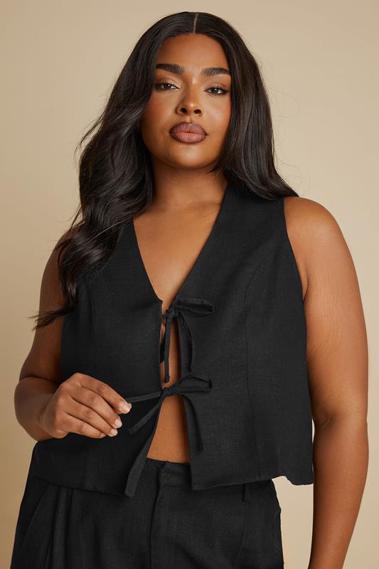 YOURS Plus Size Black Cropped Bow Tie Front Linen Waistcoat | Yours Clothing 4