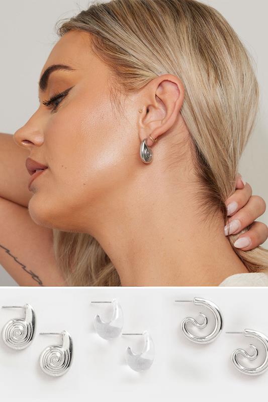 YOURSET 3 PACK Silver Tone Mixed Swirl Earrings | Yours Clothing 1