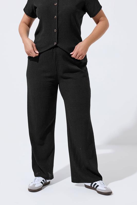 LIMITED COLLECTION Plus Size Black Crinkle Wide Leg Trousers | Yours Clothing 2