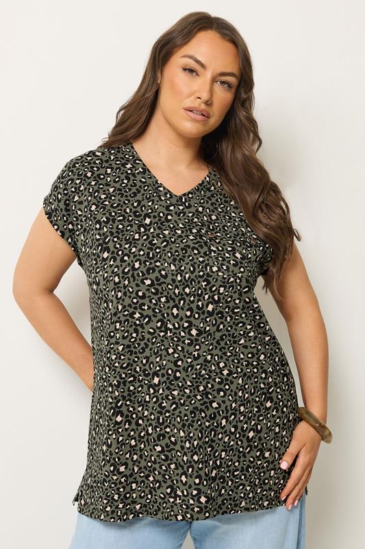 YOURS Curve Khaki Green Leopard Stud Pocket T-Shirt