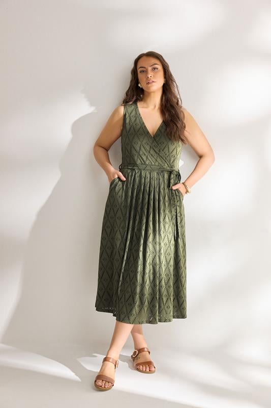  EVANS Curve Khaki Green Broderie Wrap Midi Dress