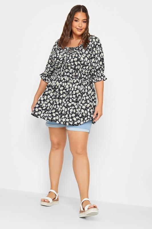 YOURS Plus Size Black Floral Shirred Tie Neck Top | Yours Clothing 2