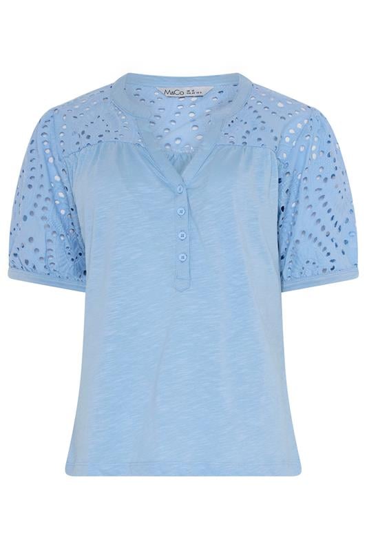  M&Co Light Blue Broderie Cotton Half Placket Top