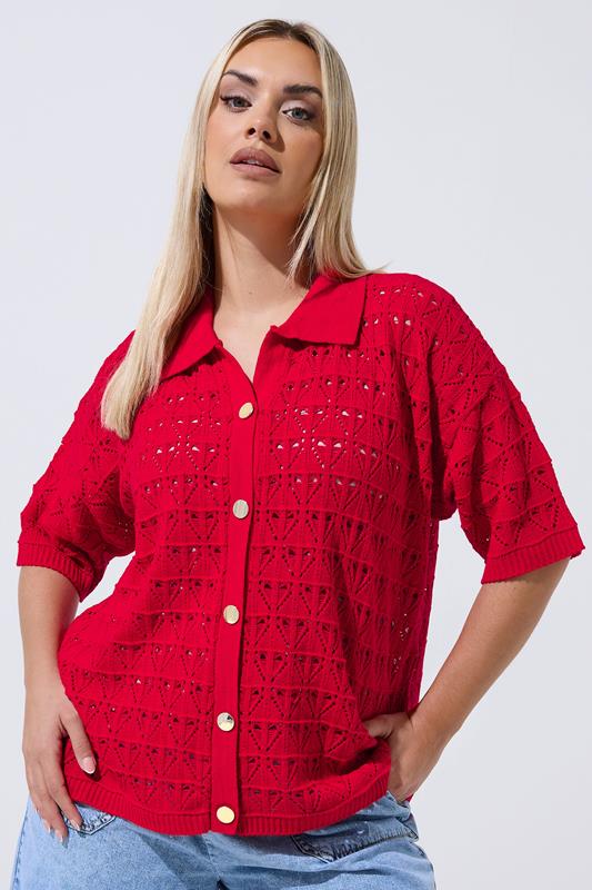 LIMITED COLLECTION Plus Size Red Crochet Shirt | Yours Clothing 1