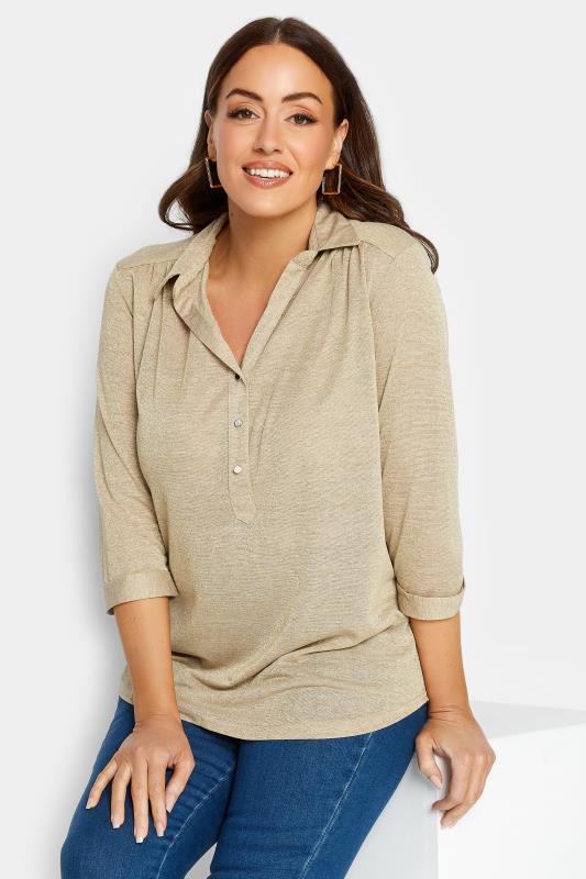 Women's  M&Co Beige Brown Glitter Half Placket Shirt