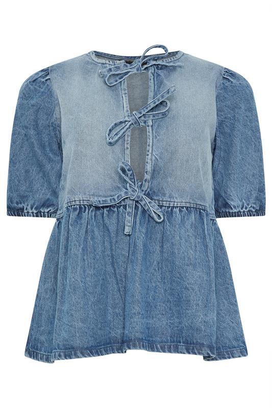 PixieGirl Petite Women's Blue Denim Tie Front Peplum Top | PixieGirl 5