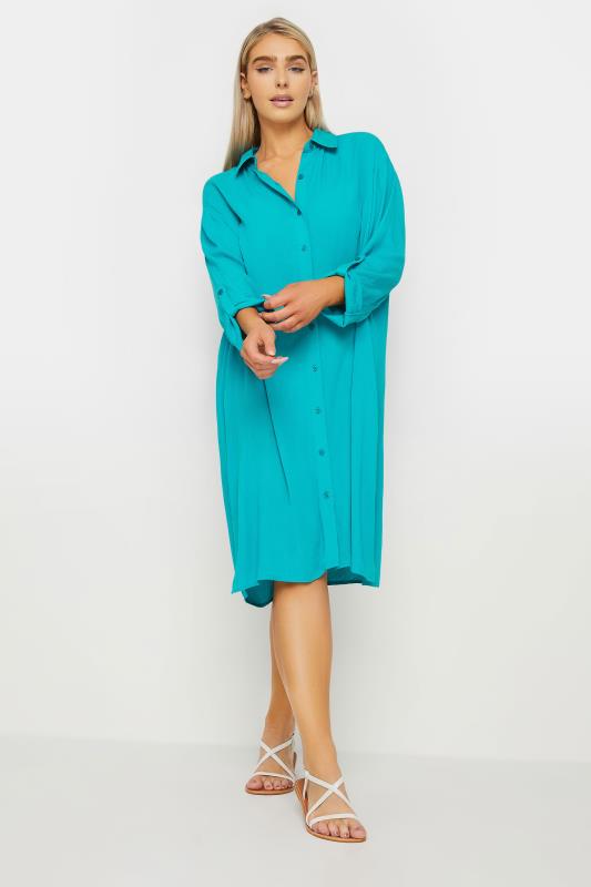 M&Co Turquoise Blue Long Sleeve Crinkle Shirt Dress | M&Co 2