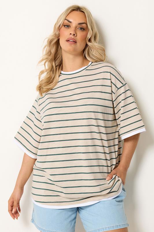 YOURS Curve Stone Green Stripe Ringer T-Shirt