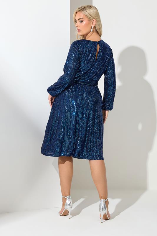 YOURS LONDON Plus Size Blue Sequin Skater Midi Dress | Yours Clothing 2