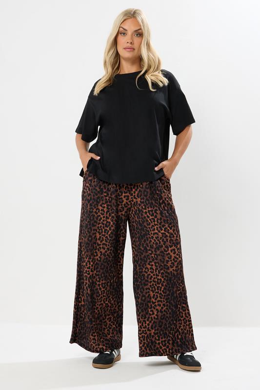 YOURS Plus Size Brown Leopard Print Crinkle Wide Leg Trousers | Yours Clothing 2