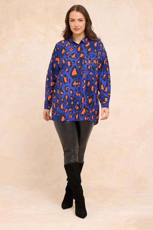 EVANS Plus Size Cobalt Blue Leopard Print Oversized Shirt | Evans 1