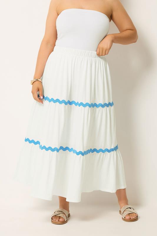 YOURS Plus Size White Wavy Detail Tiered Maxi Skirt | Yours Clothing 1
