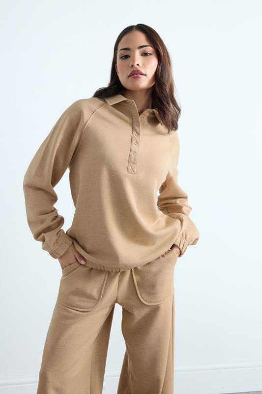 PixieGirl Petite Natural Brown Button Collar Sweatshirt