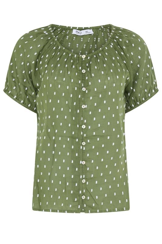 M&Co Petite Khaki Green Dobby Button Up Cotton Blouse | M&Co 5