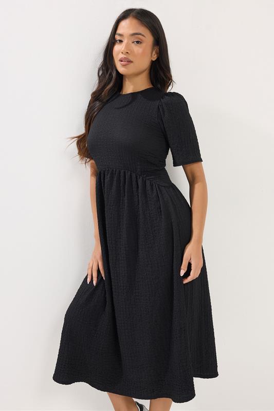 PixieGirl Petite Women's Black Textured Short Sleeve Midi Dress | PixieGirl 1