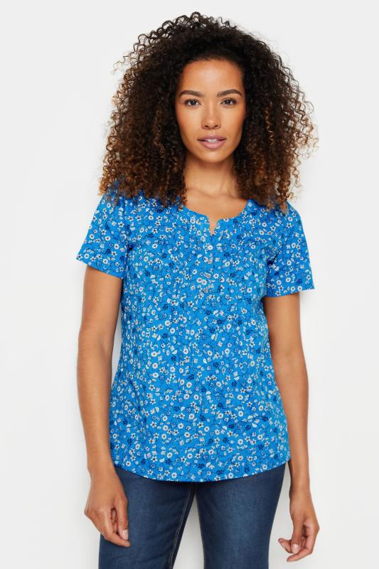 Women's  M&Co Blue Vine Floral Print Short Sleeve Cotton Henley Top