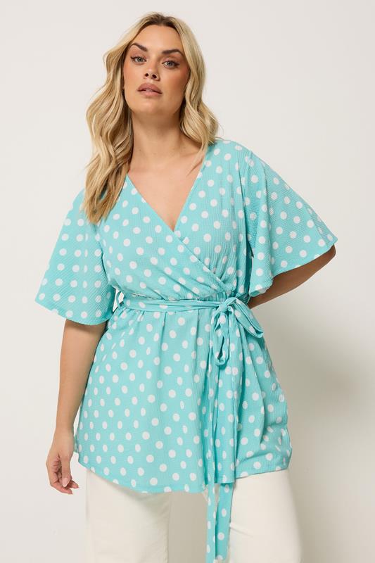 YOURS Curve Blue Polka Dot Print Wrap Top