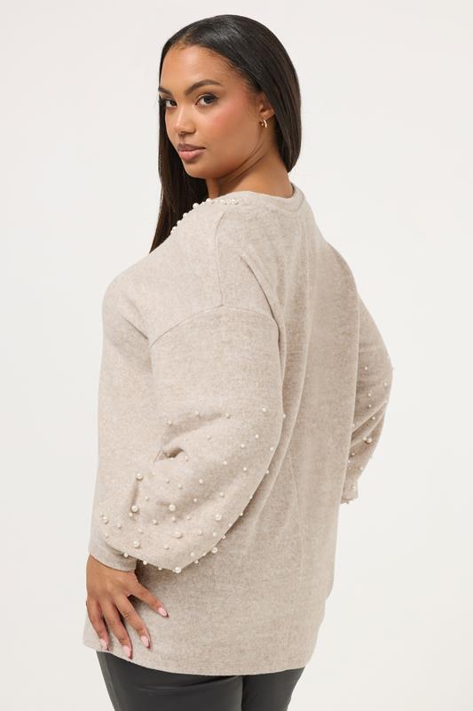 YOURS Plus Size Natural Brown Pearl Embellished Jumper | Yours Clothing 2