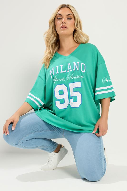 YOURS Plus Size Green 'Milano' Boxy Varsity T-Shirt | Yours Clothing 1
