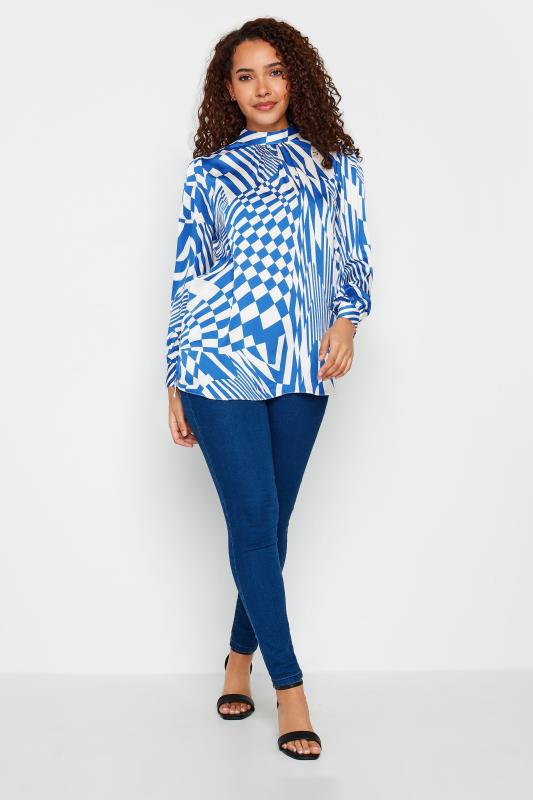 M&Co Blue Abstract Print High Neck Satin Blouse | M&Co 2