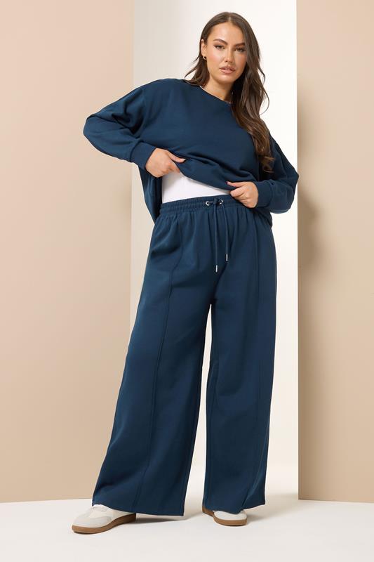 YOURS Plus Size Navy Blue Wide Leg Joggers | Yours Clothing 1