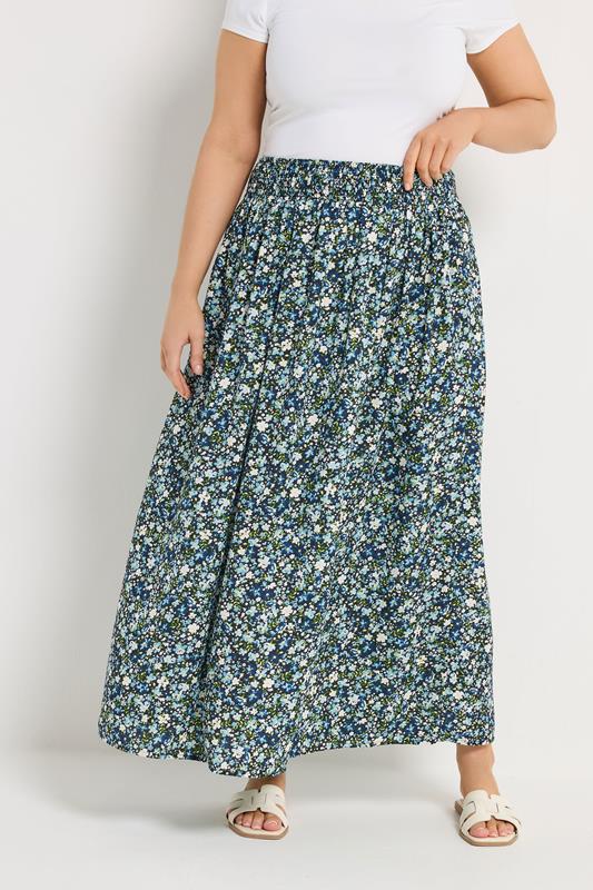 YOURS Plus Size Blue Ditsy Floral Midaxi Skirt | Yours Clothing 1