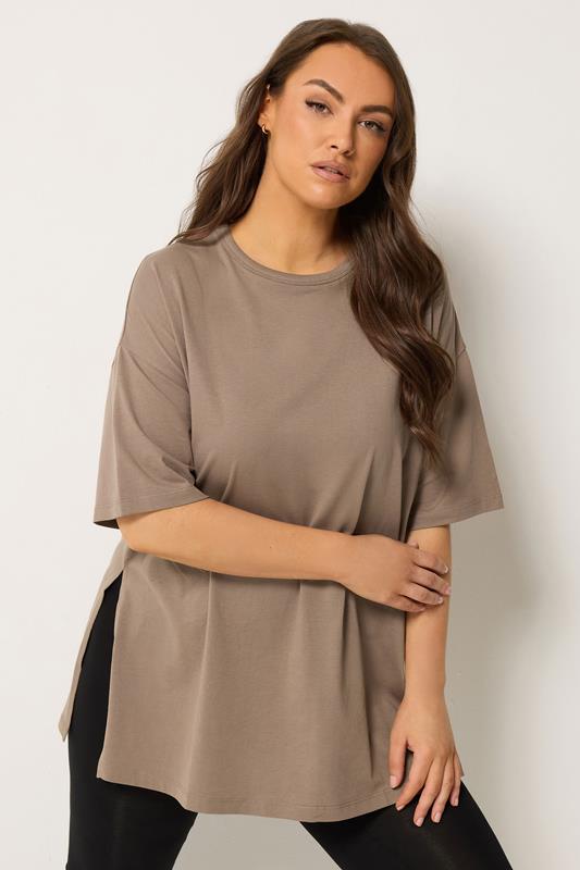 YOURS Plus Size Brown Side Split Relaxed Longline T-Shirt | Yours Clothing 1