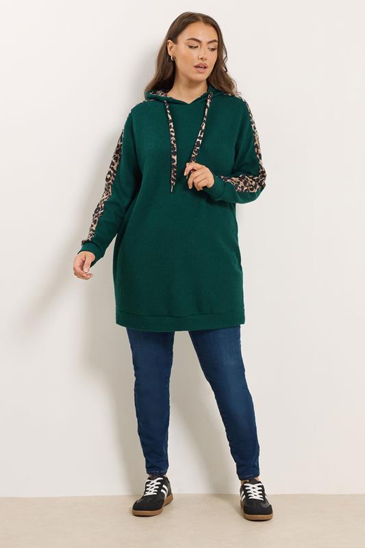 YOURS Plus Size Green Leopard Print Trim Hoodie | Yours Clothing  1