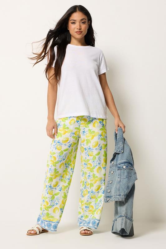 PixieGirl Petite Yellow Lemon Print Cotton Wide Leg Trousers